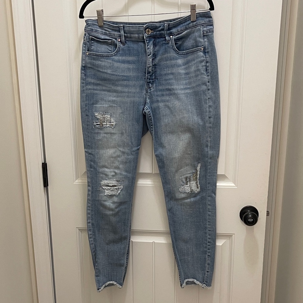 White House Black Market Light Blue Distressed Straight Leg Jeans